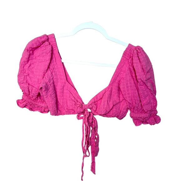 borana Tops - Borana Puff Sleeve Crop Top Back Tie Linen Stretch Pink Women S‎ Coquette